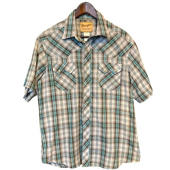 Wrangler Other - Wrangler Western Fashion Snap Front Shirt Large Short Sleeve Black & Blue Plaid